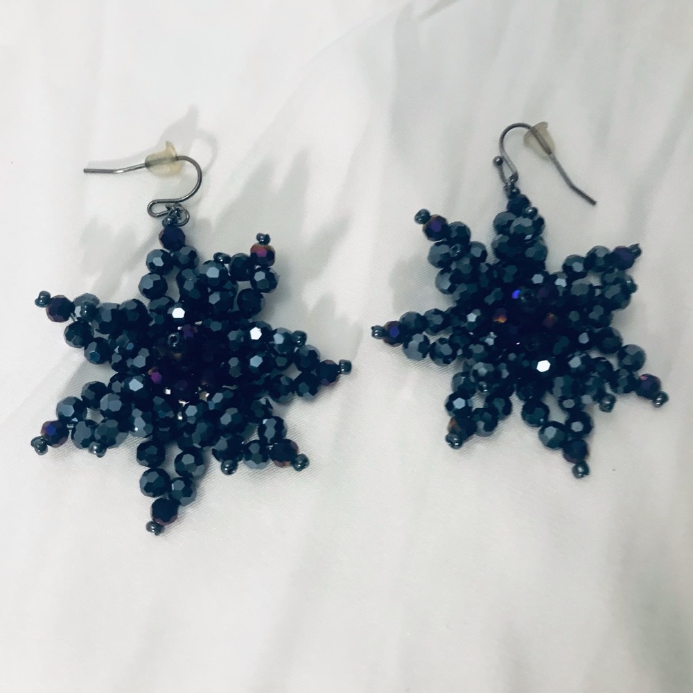 Faux DK Blue Beads/Purple Crystal Earrings.  Star Shaped, Evening Wear, 2”